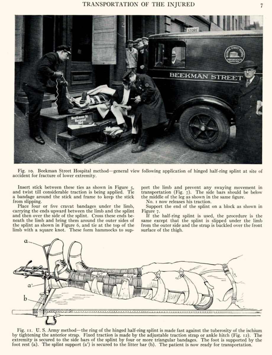 A page from the 1934 article with a photo of an injured patient being loaded into an ambulance and a diagram of proper splinting technique.