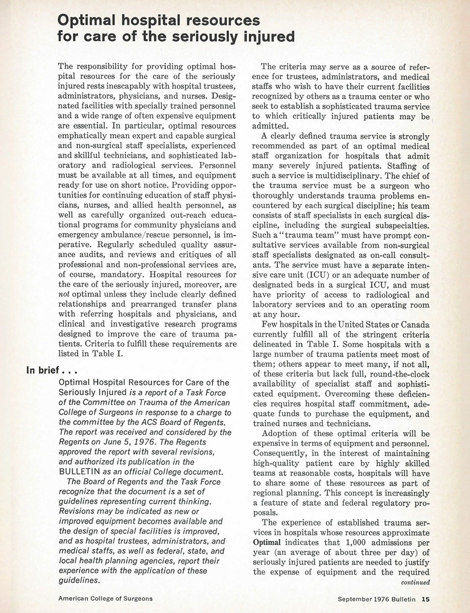 1976 photo of the first Optimal Hospital Resources for Care of the Seriously Injured.